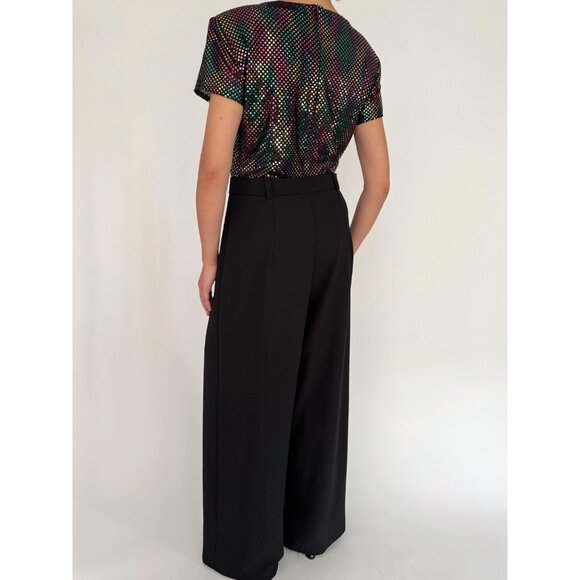 90s vintage black rainbow sequin dressy disco wide leg palazzo pant jumpsuit - Picture 5 of 10